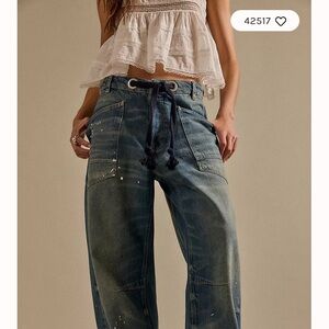 We The Free Distressed Barrel Blue Denim Jeans